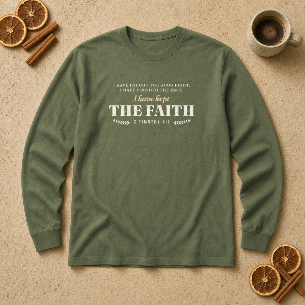 Kept the Faith 2 Timothy 4:7 long sleeve tee in Hemp, flat lay