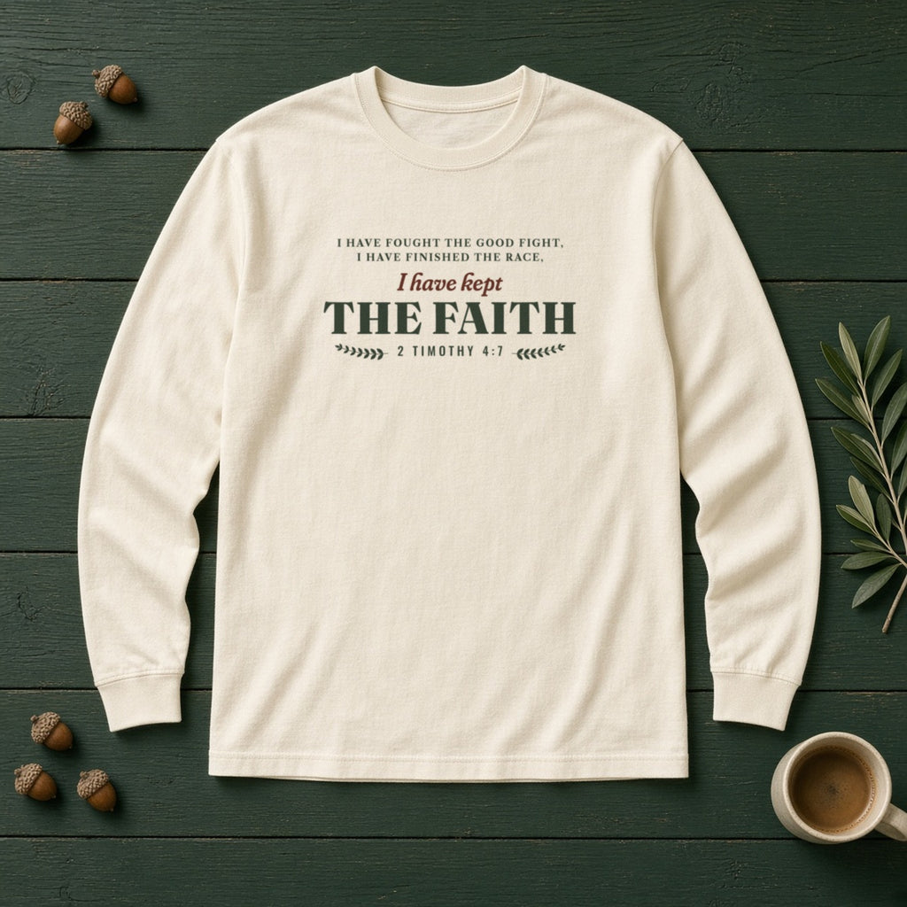 Kept the Faith 2 Timothy 4:7 long sleeve tee in Ivory, flat lay