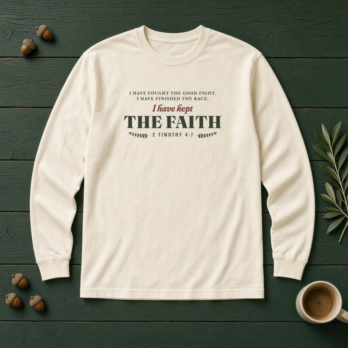 Kept the Faith 2 Timothy 4:7 long sleeve tee in Ivory, flat lay