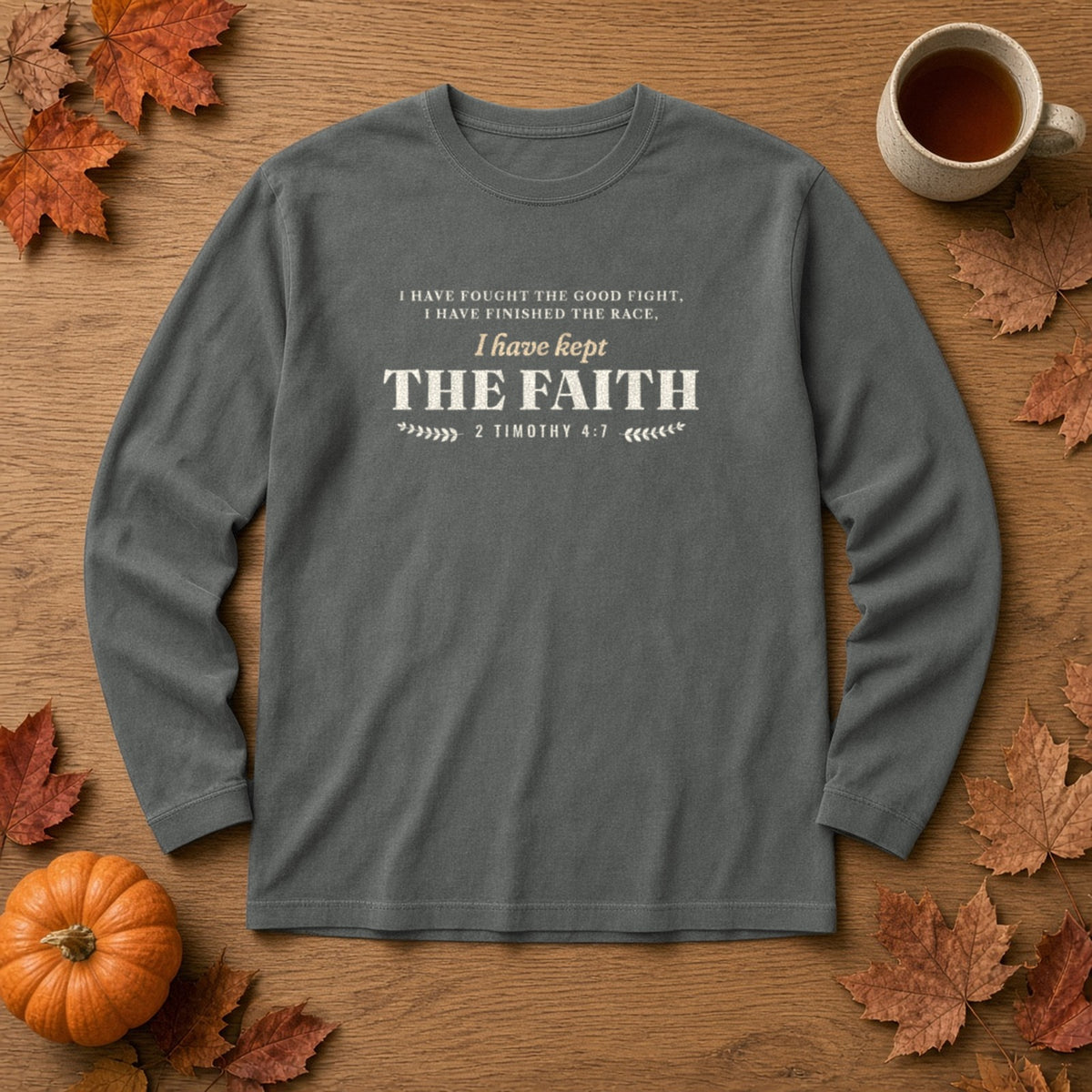 Kept the Faith 2 Timothy 4:7 long sleeve tee in Pepper, flat lay