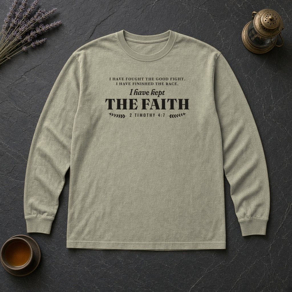 Kept the Faith 2 Timothy 4:7 long sleeve tee in Sandstone, flat lay
