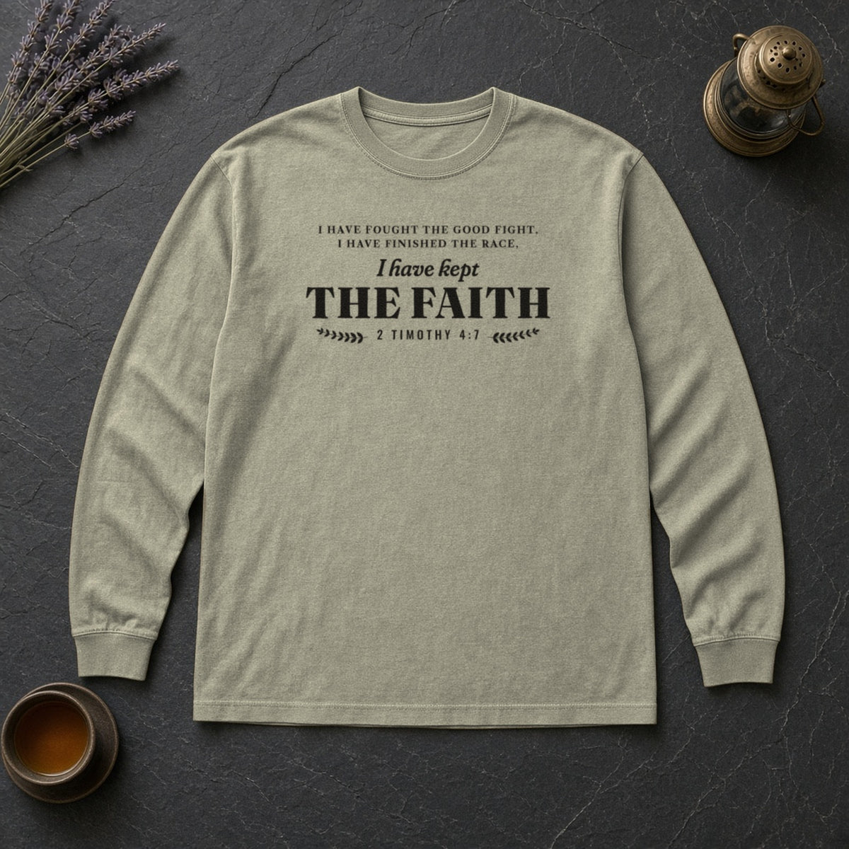 Kept the Faith 2 Timothy 4:7 long sleeve tee in Sandstone, flat lay