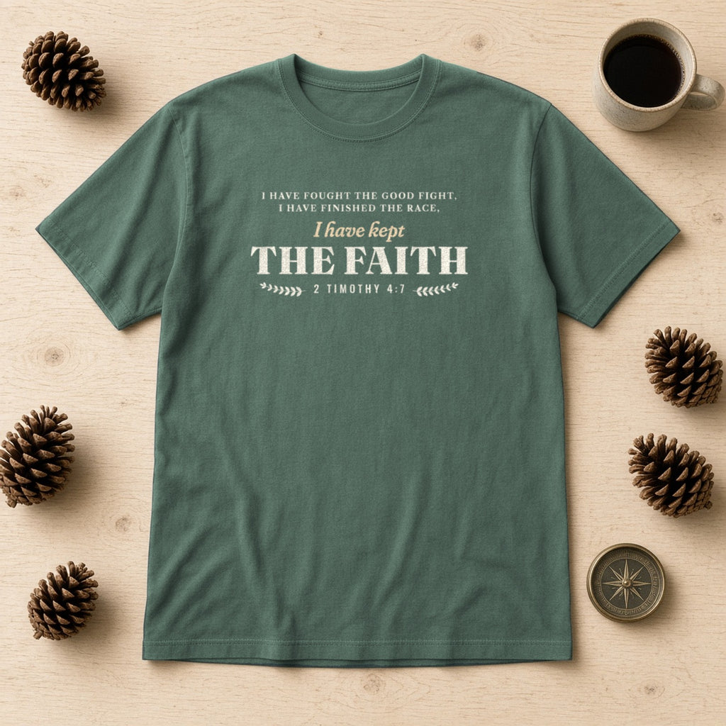 Kept the Faith 2 Timothy 4:7 tee in Blue Spruce, flat lay