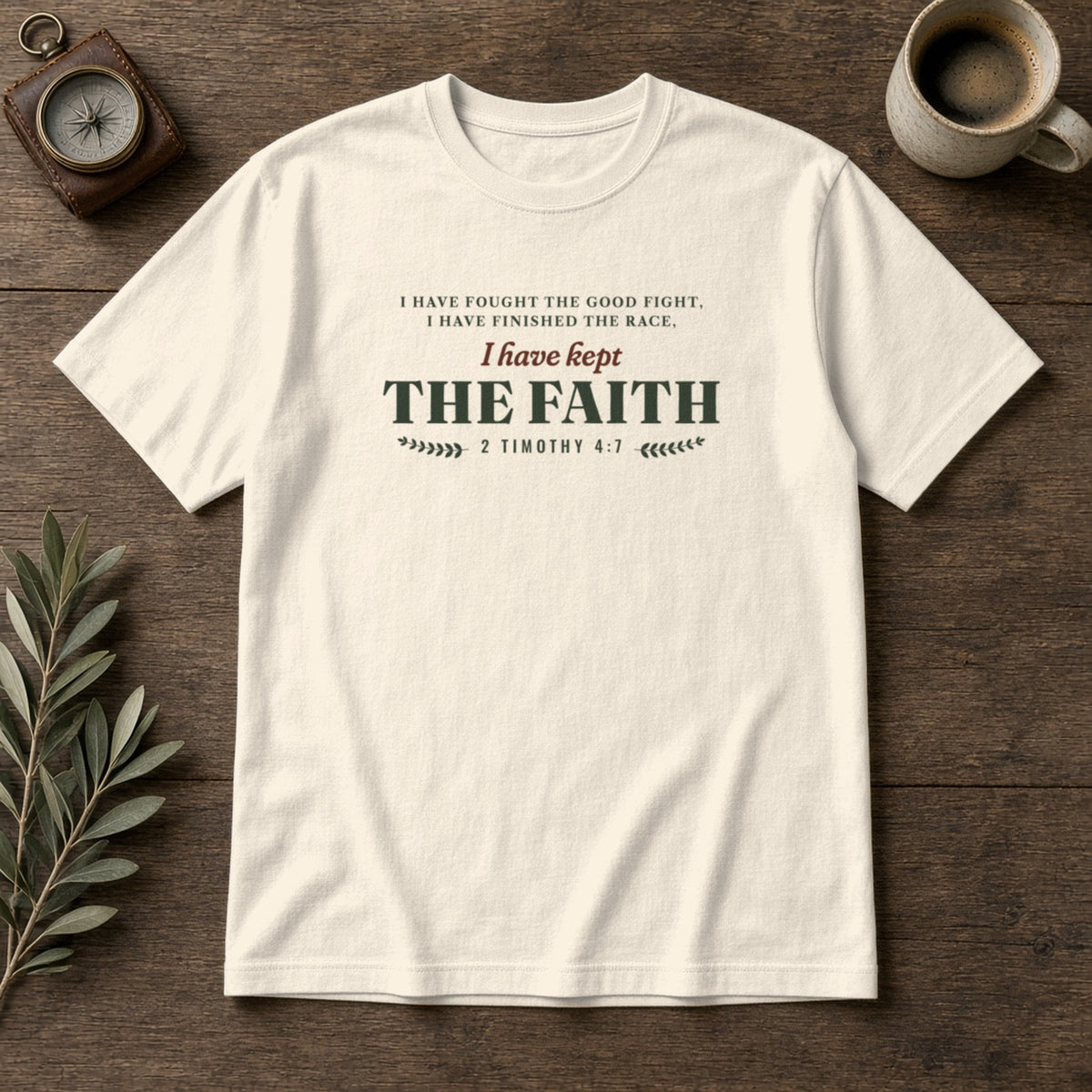 Kept the Faith 2 Timothy 4:7 tee in Ivory, flat lay