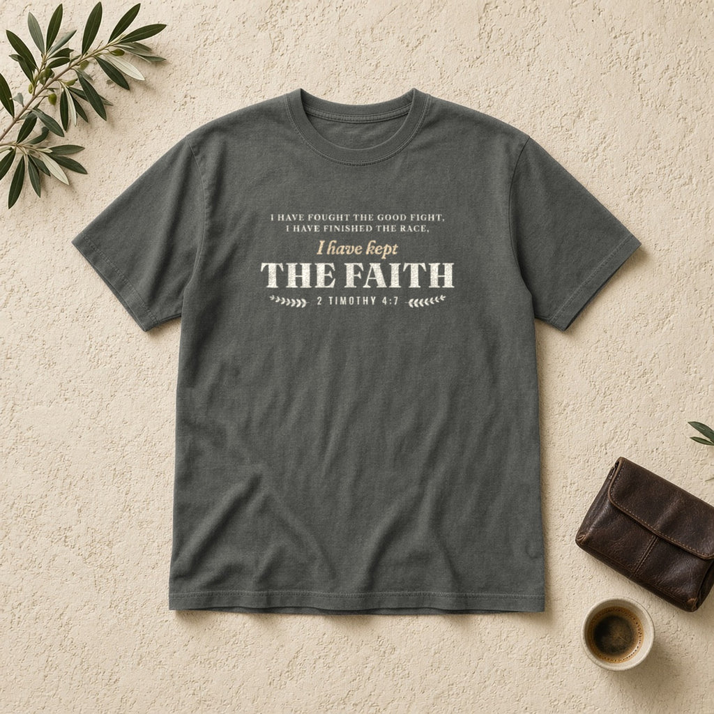 Kept the Faith 2 Timothy 4:7 tee in Pepper, flat lay