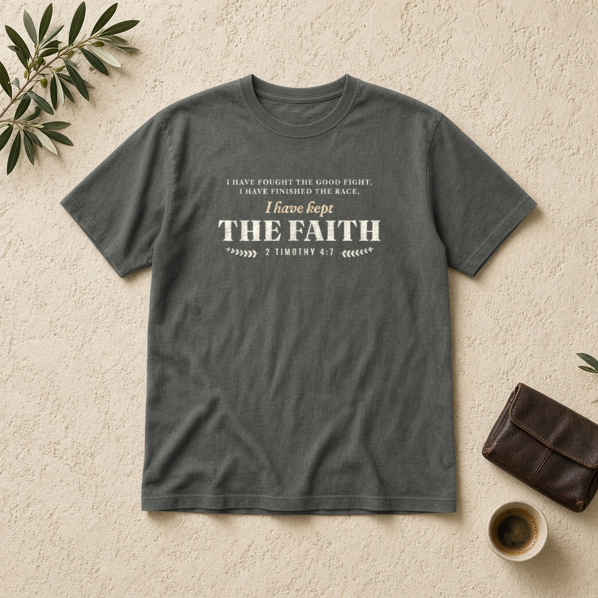 Kept the Faith 2 Timothy 4:7 tee in Pepper, flat lay