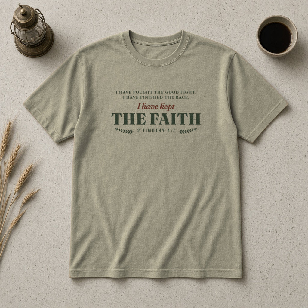 Kept the Faith 2 Timothy 4:7 tee in Sandstone, flat lay