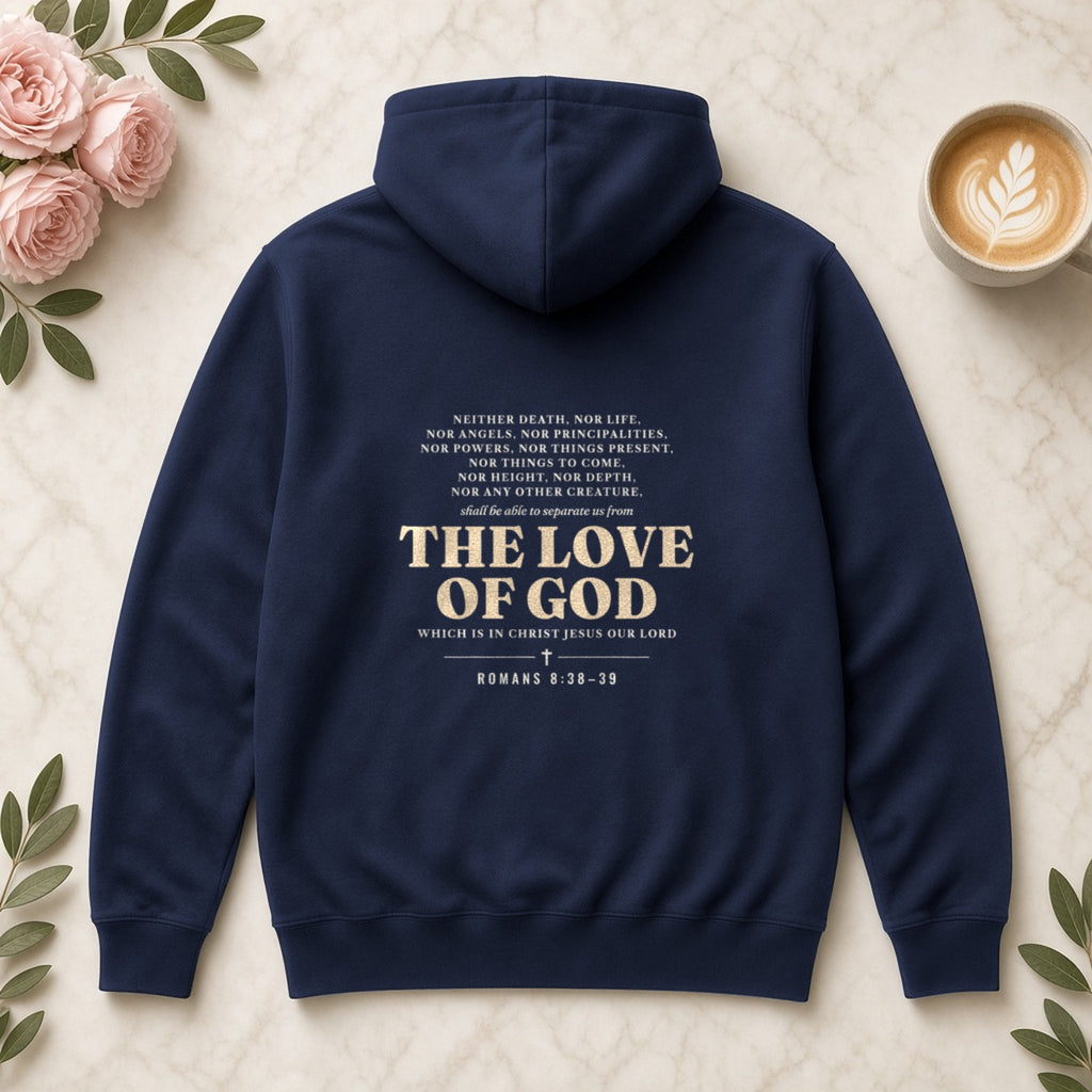 Nothing Can Separate Us Romans 8:38-39 hoodie in Navy, back print flat lay