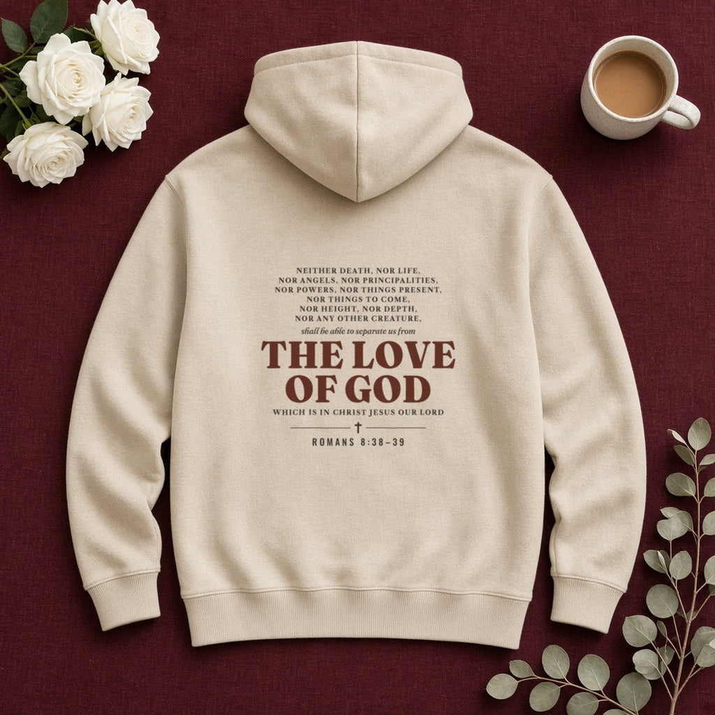 Nothing Can Separate Us Romans 8:38-39 hoodie in Sand, back print flat lay