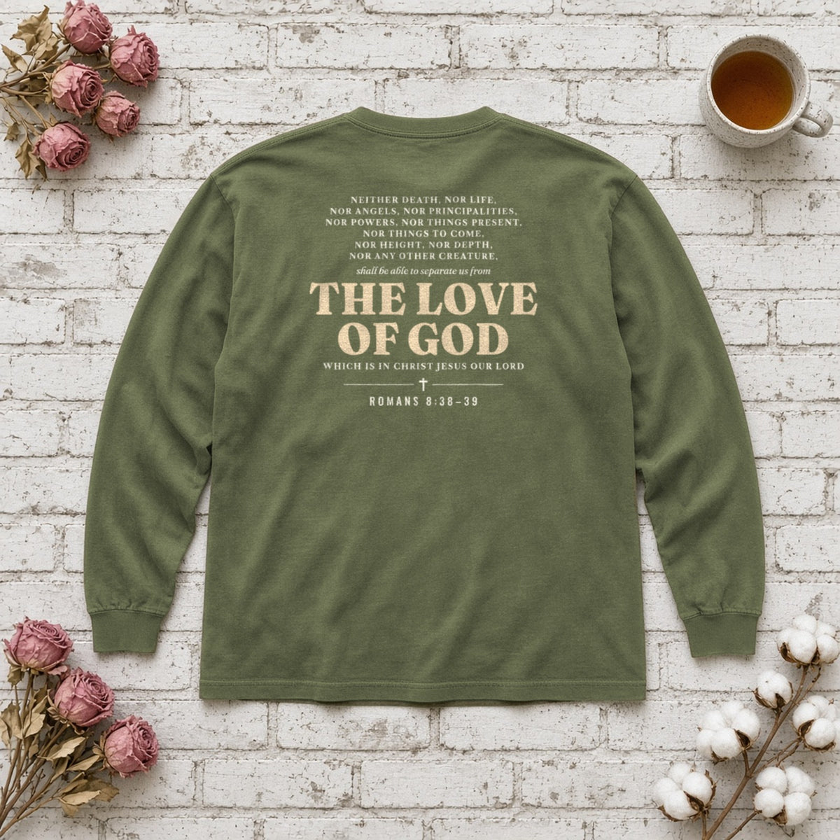 Nothing Can Separate Us Romans 8:38-39 long sleeve tee in Hemp, back print flat lay