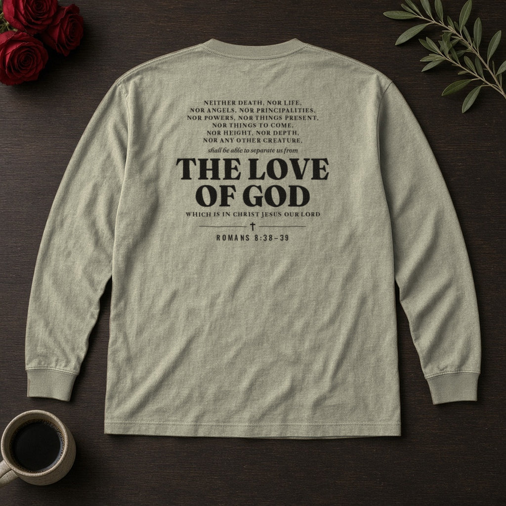 Nothing Can Separate Us Romans 8:38-39 long sleeve tee in Sandstone, back print flat lay