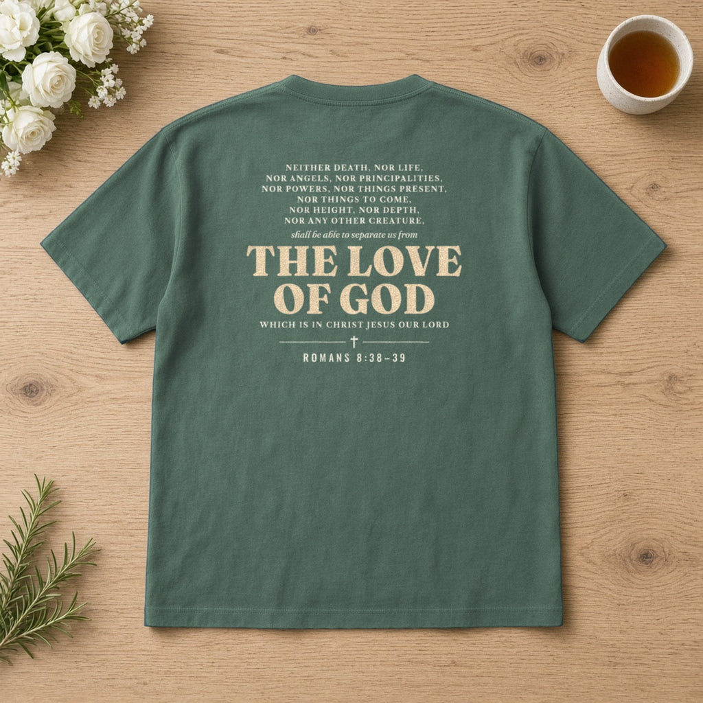 Nothing Can Separate Us Romans 8:38-39 tee in Blue Spruce, back print flat lay