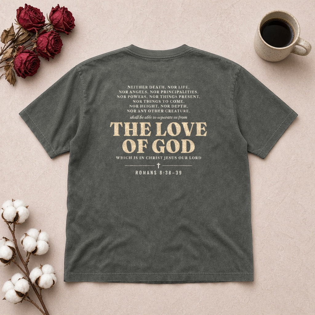 Nothing Can Separate Us Romans 8:38-39 tee in Pepper, back print flat lay