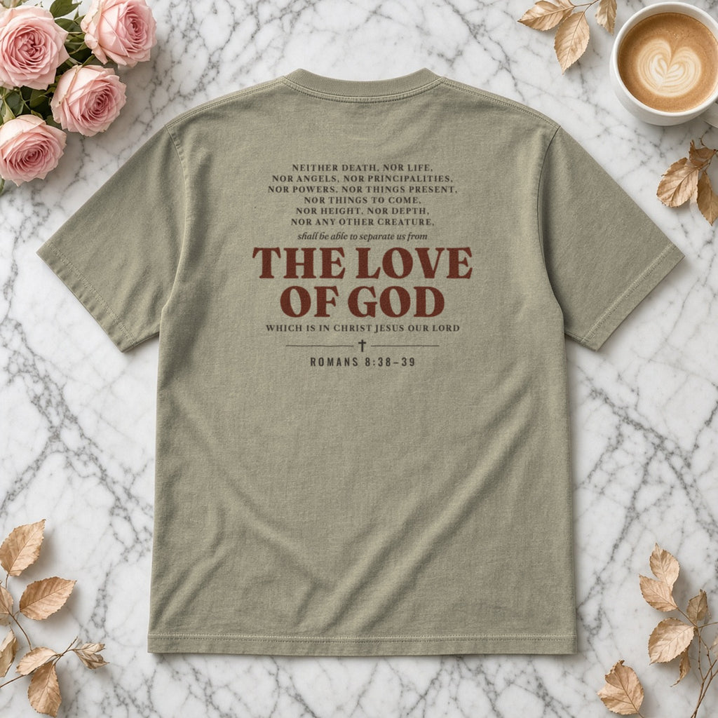 Nothing Can Separate Us Romans 8:38-39 tee in Sandstone, back print flat lay