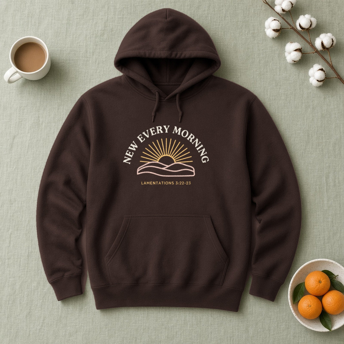 New Every Morning Lamentations 3:22-23 dark chocolate hoodie, flat lay