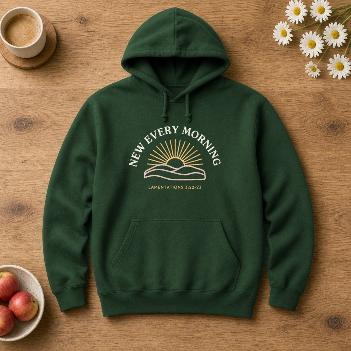 New Every Morning Lamentations 3:22-23 forest green hoodie, flat lay