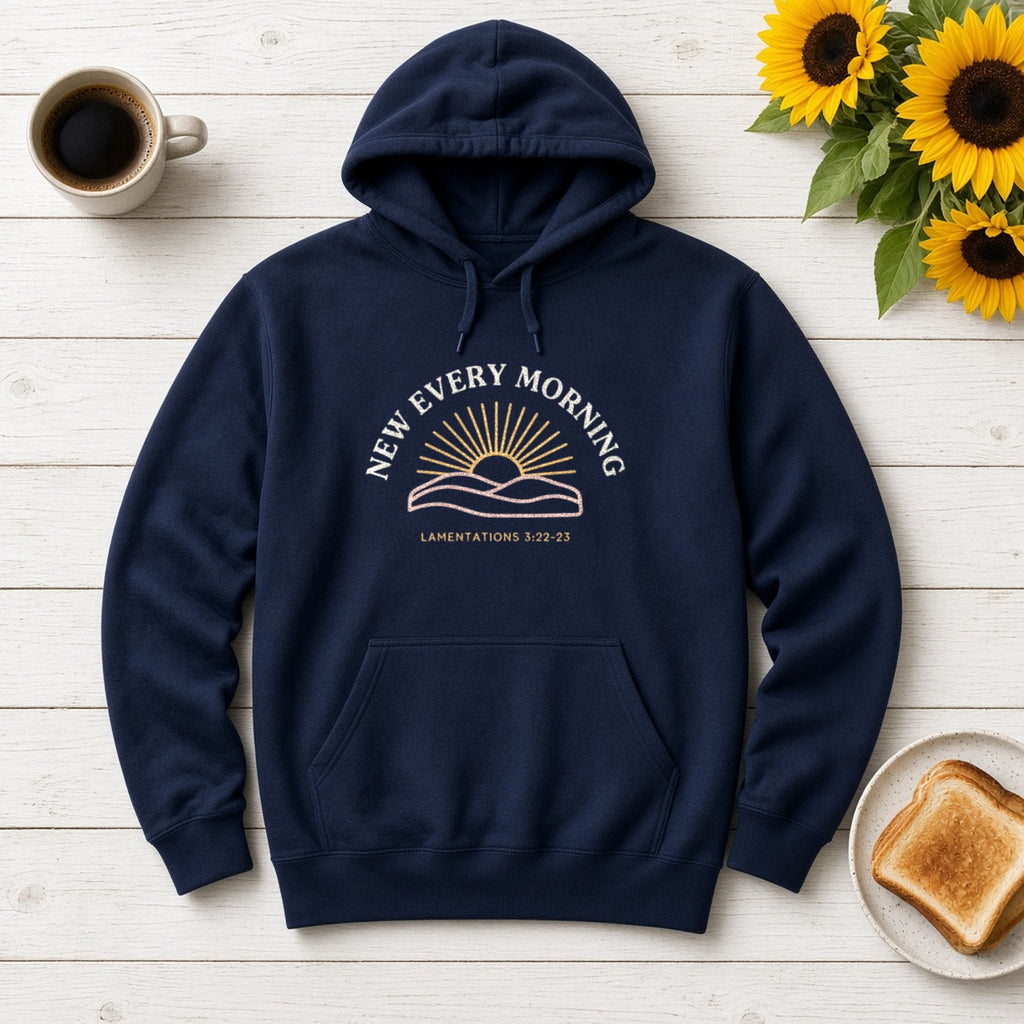 New Every Morning Lamentations 3:22-23 navy hoodie, flat lay