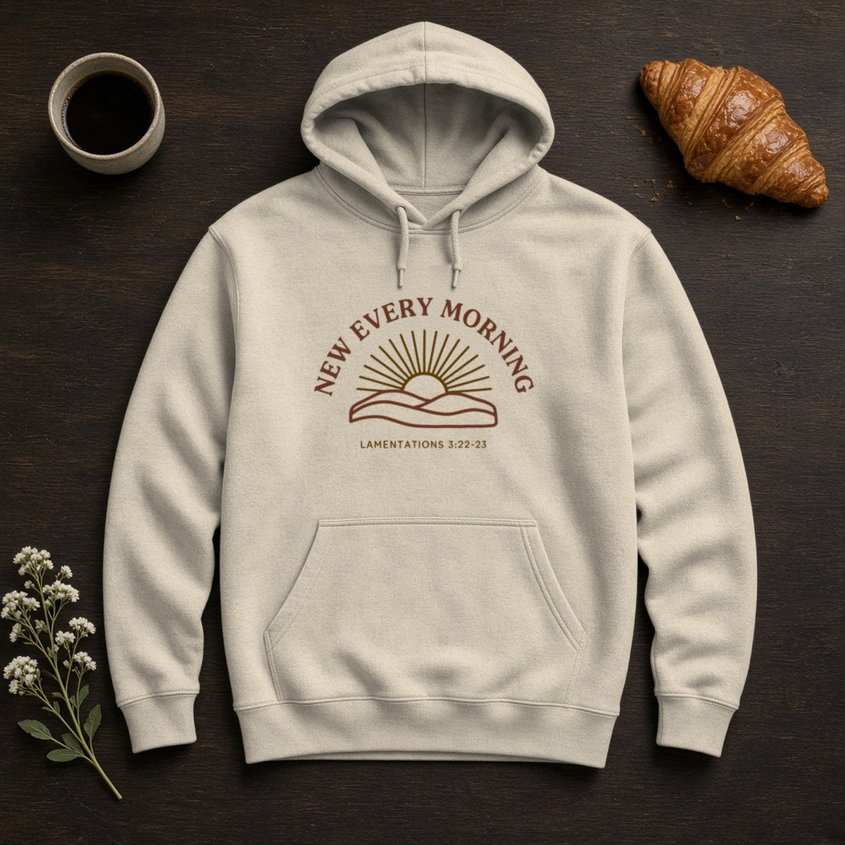 New Every Morning Lamentations 3:22-23 sand hoodie, flat lay