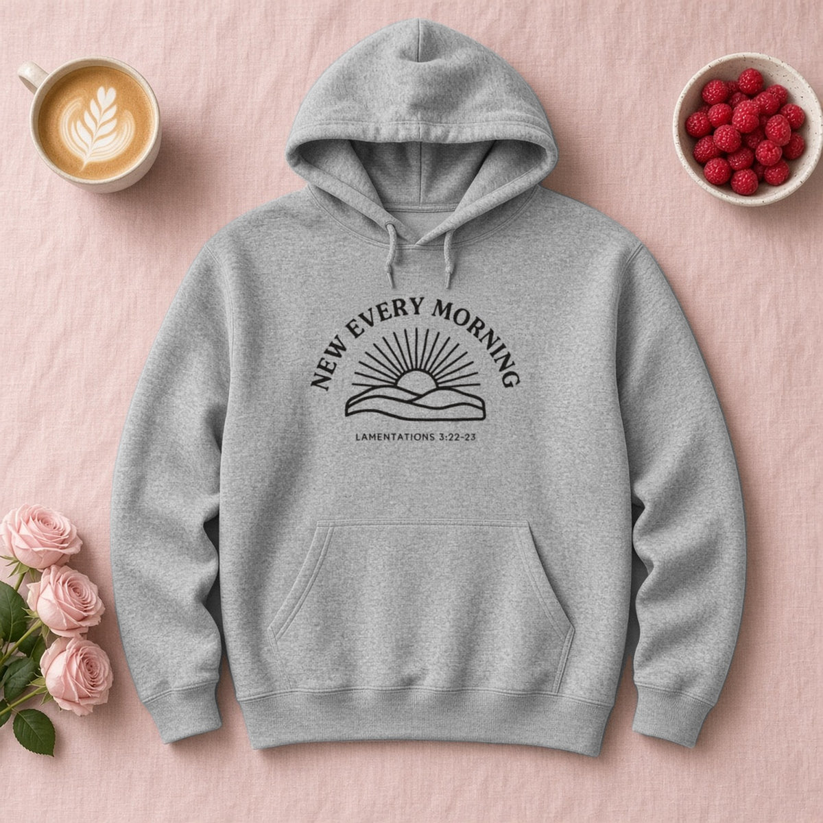 New Every Morning Lamentations 3:22-23 sport grey hoodie, flat lay