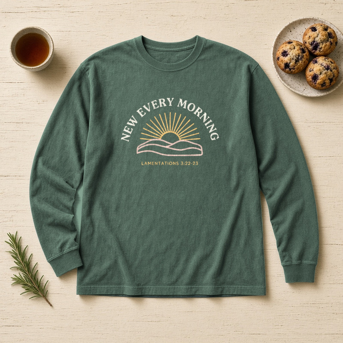 New Every Morning Lamentations 3:22-23 blue spruce long sleeve tee, flat lay