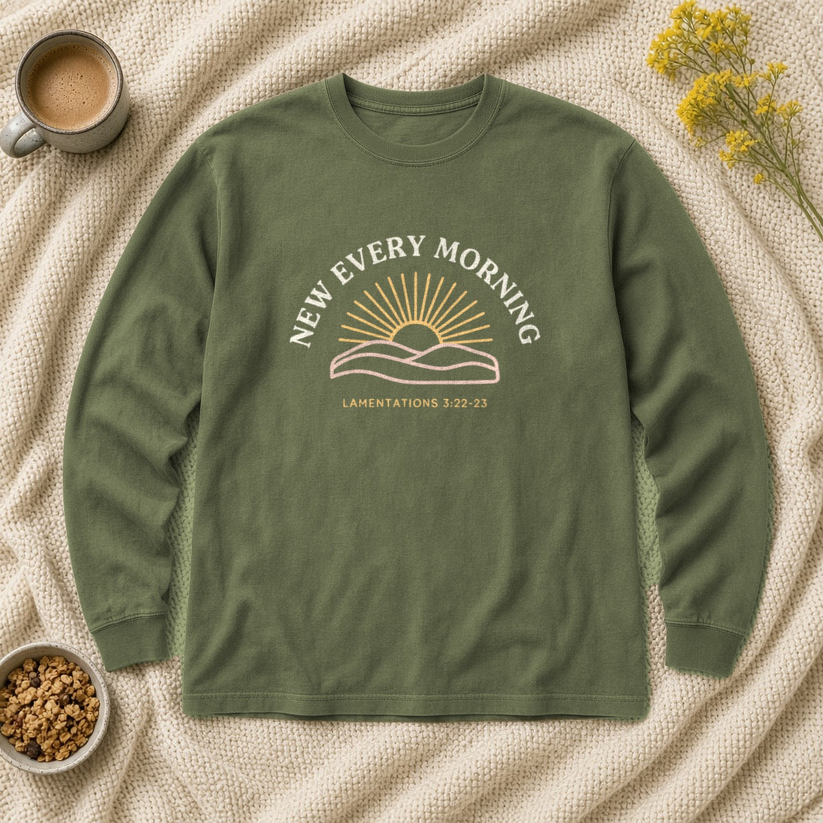 New Every Morning Lamentations 3:22-23 hemp long sleeve tee, flat lay