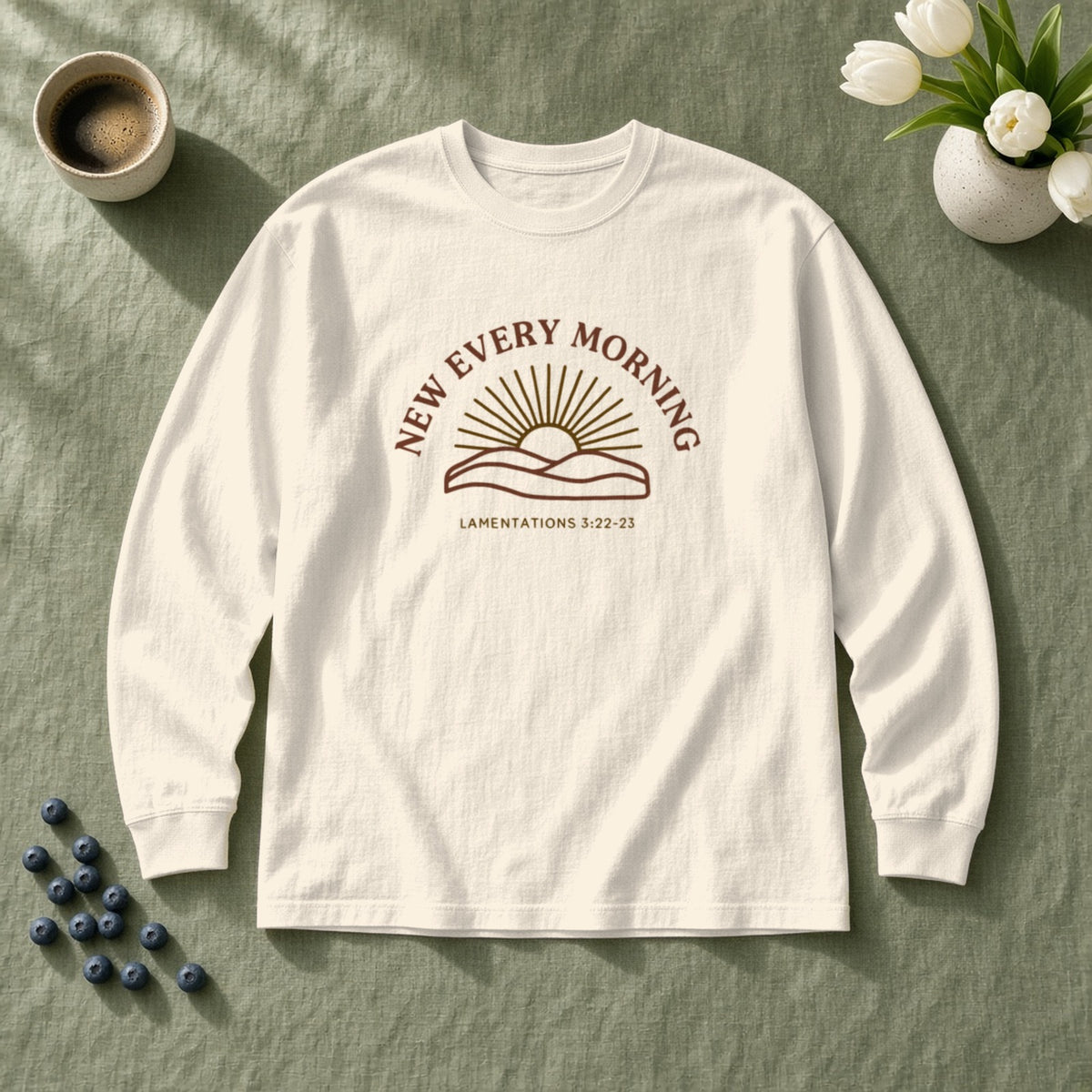 New Every Morning Lamentations 3:22-23 ivory long sleeve tee, flat lay
