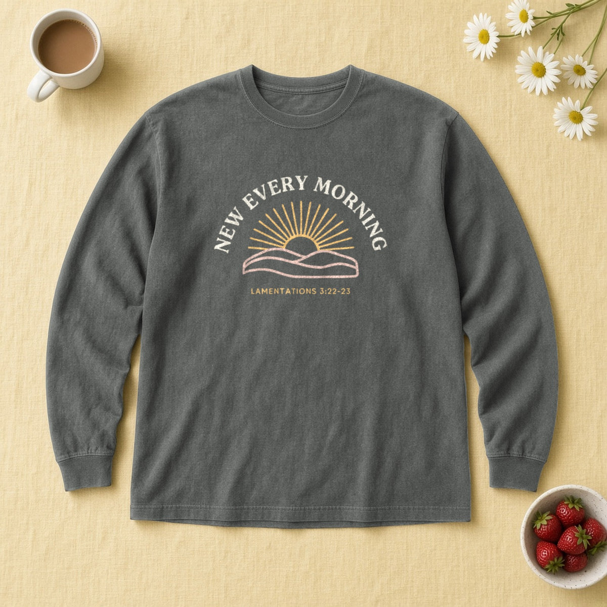 New Every Morning Lamentations 3:22-23 pepper long sleeve tee, flat lay