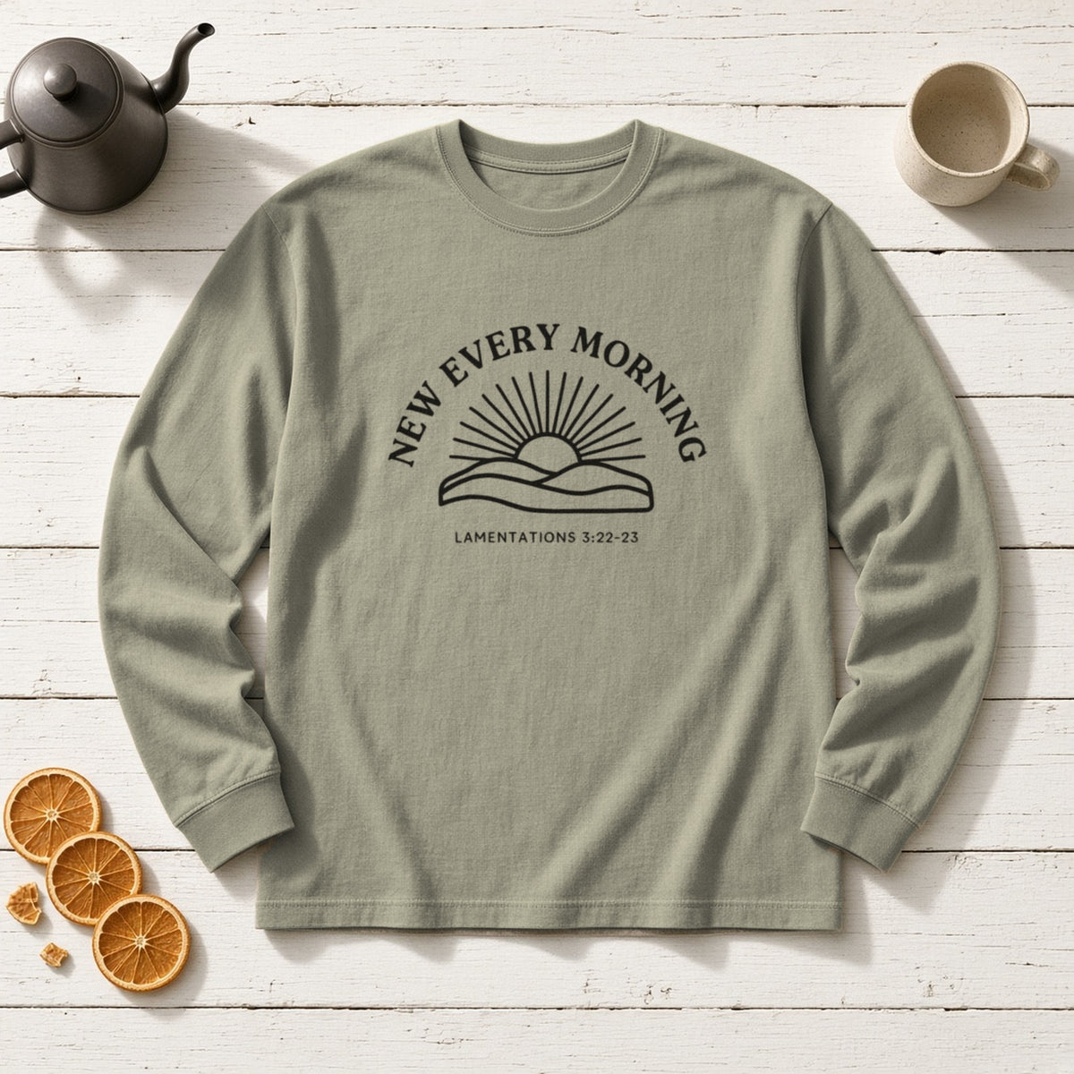 New Every Morning Lamentations 3:22-23 sandstone long sleeve tee, flat lay