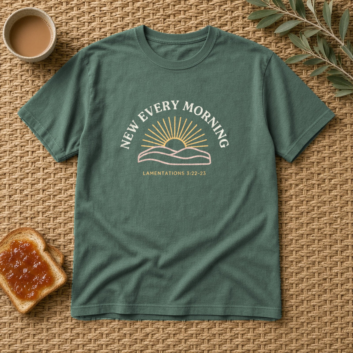 New Every Morning Lamentations 3:22-23 blue spruce tee, flat lay