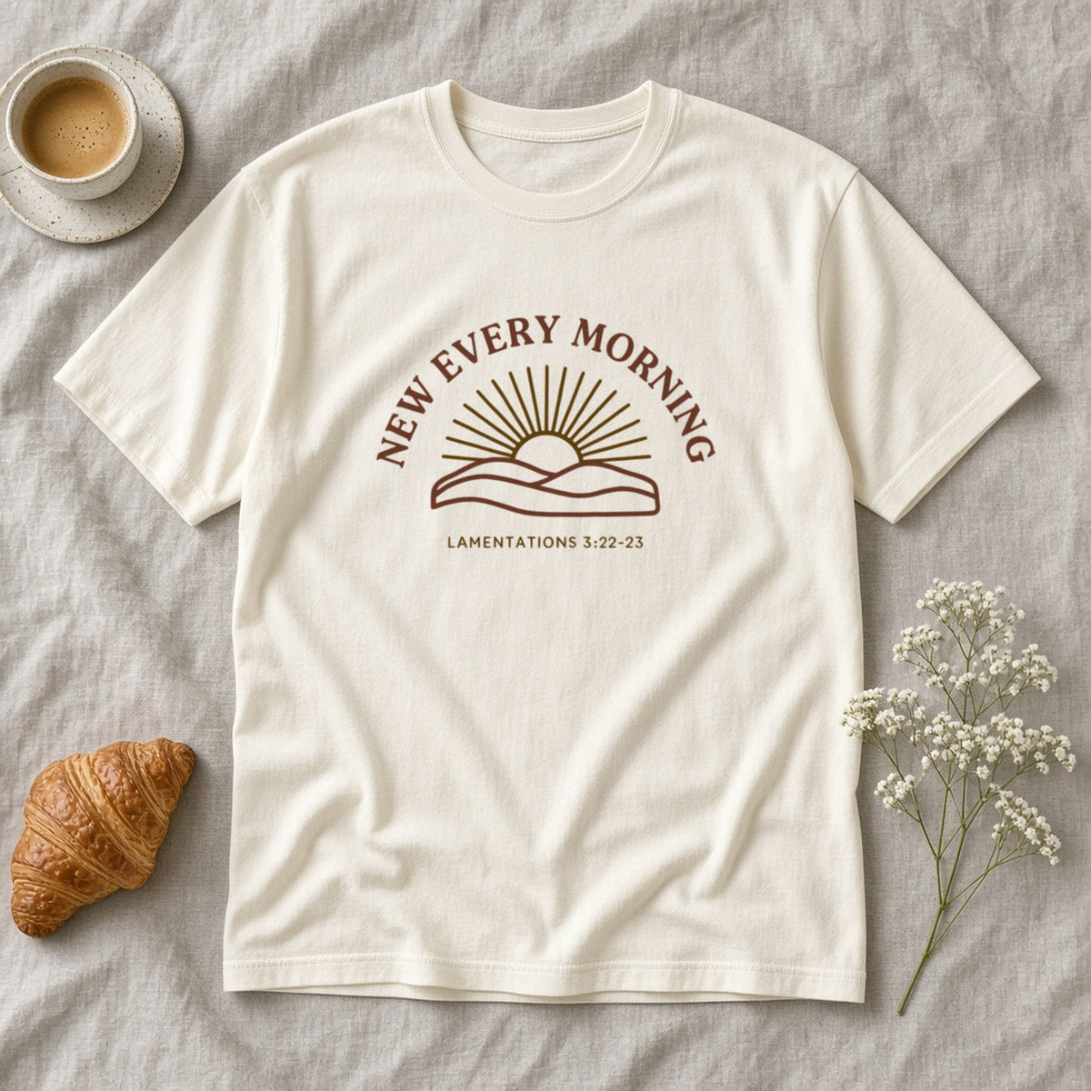New Every Morning Lamentations 3:22-23 ivory tee, flat lay