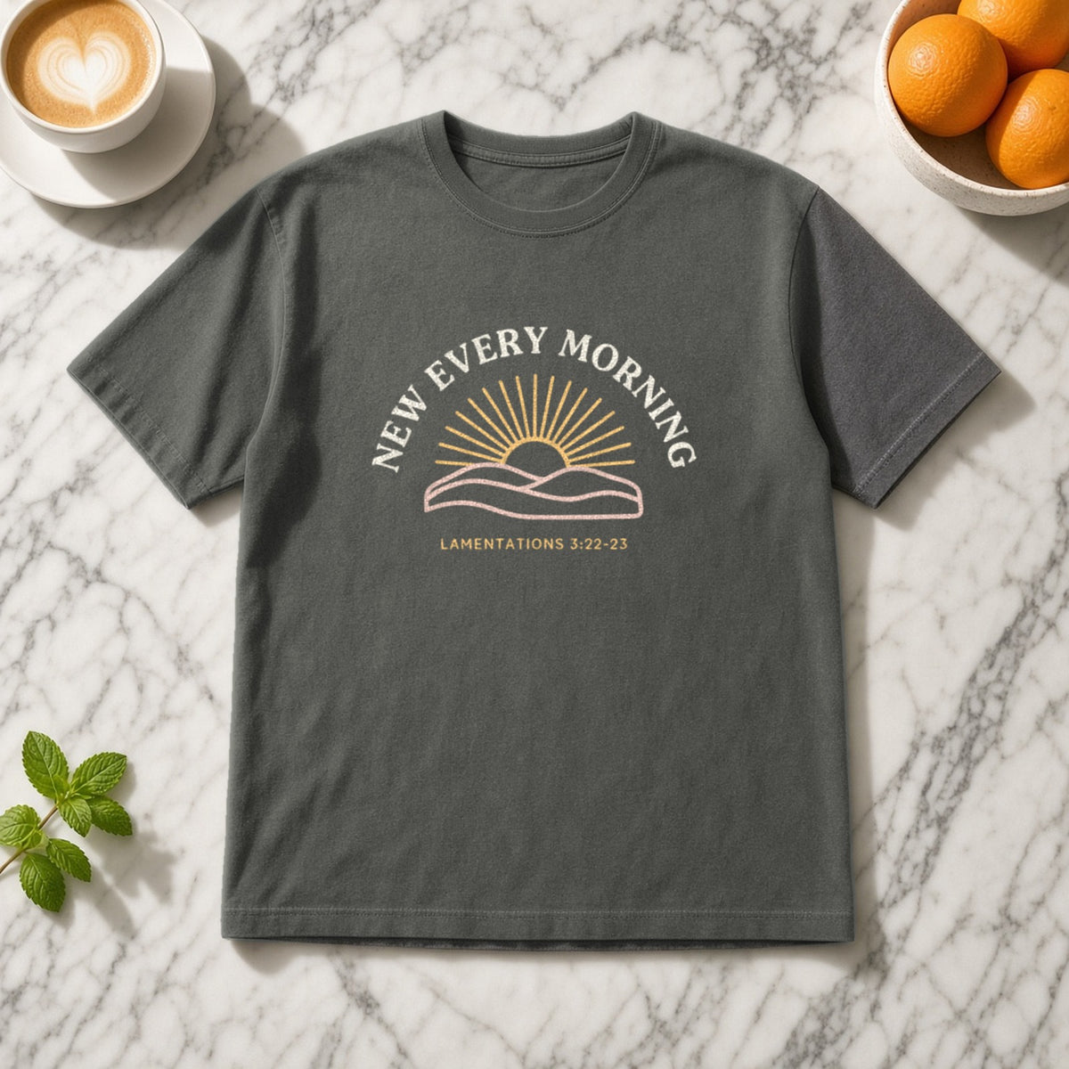 New Every Morning Lamentations 3:22-23 pepper tee, flat lay
