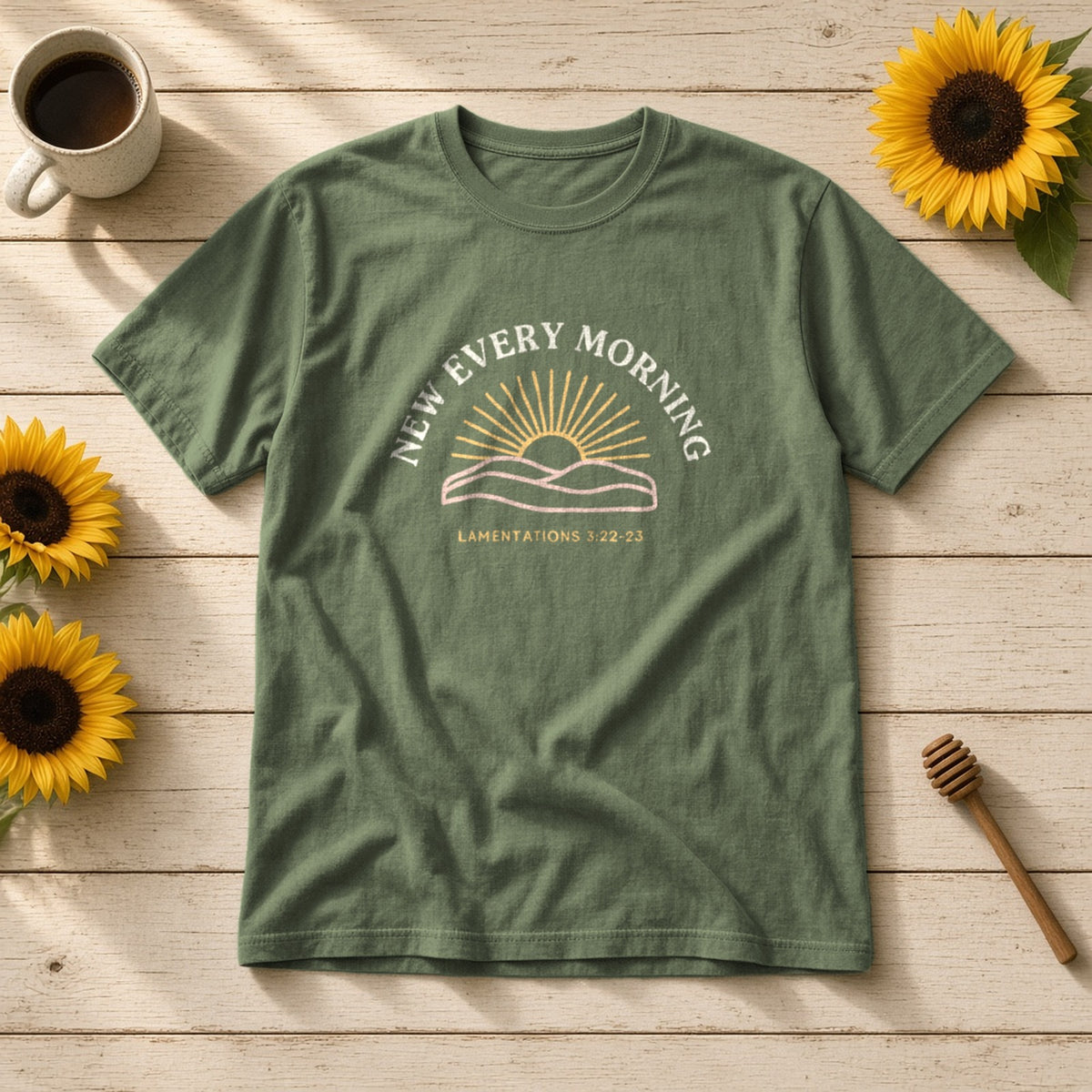 New Every Morning Lamentations 3:22-23 sage tee, flat lay