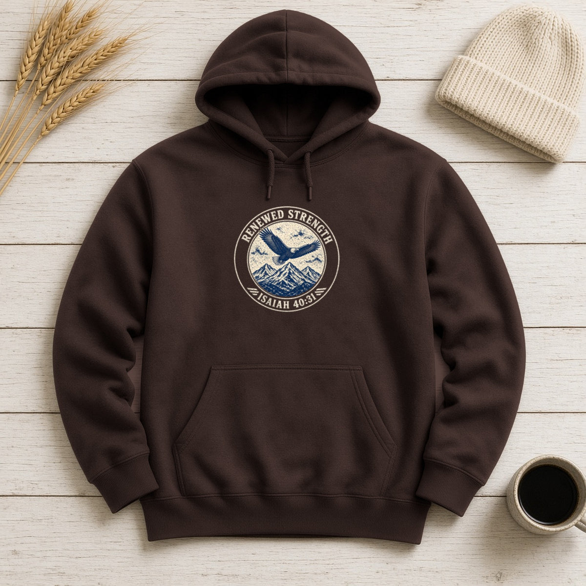 Renew Your Strength Isaiah 40:31 dark chocolate hoodie, flat lay