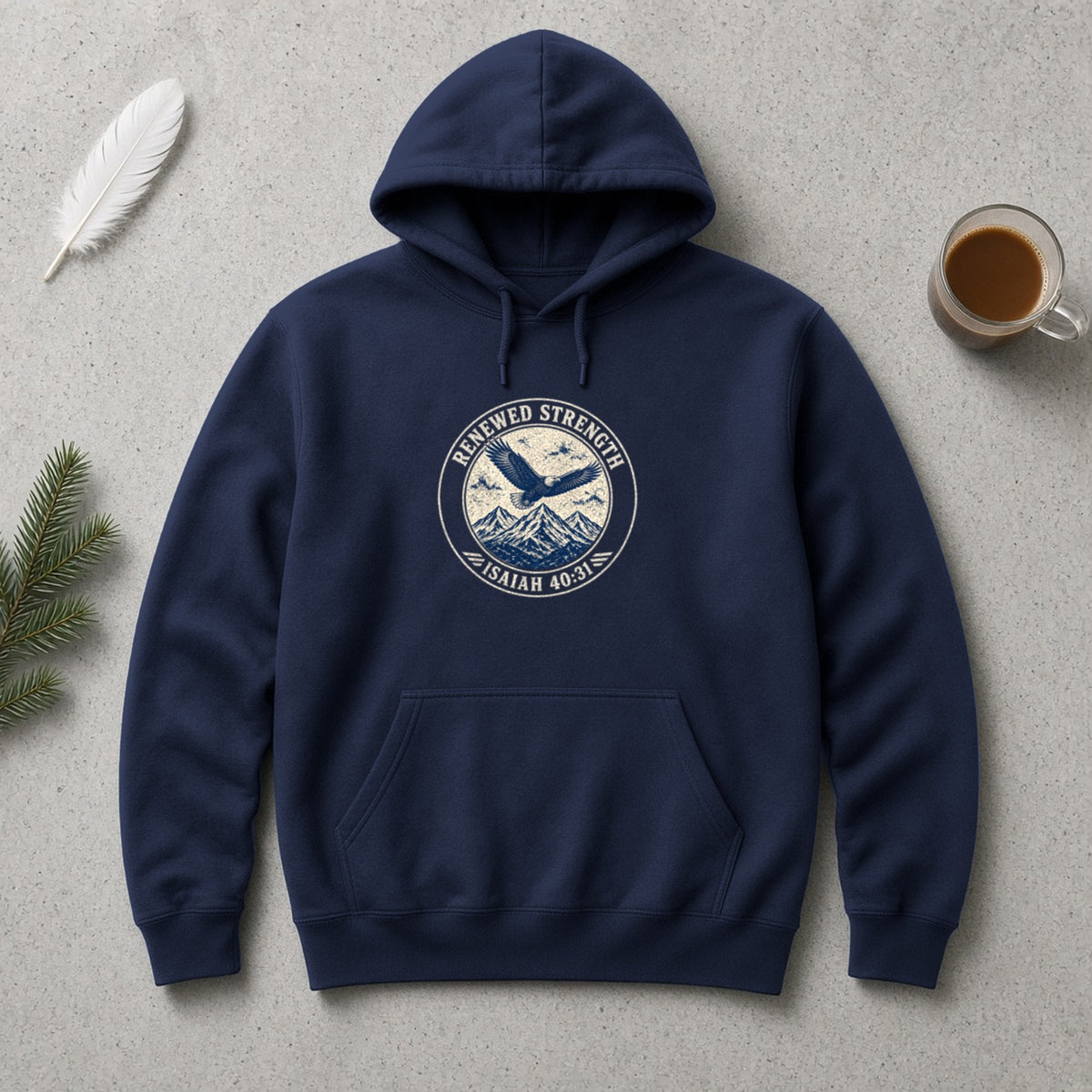 Renew Your Strength Isaiah 40:31 navy hoodie, flat lay