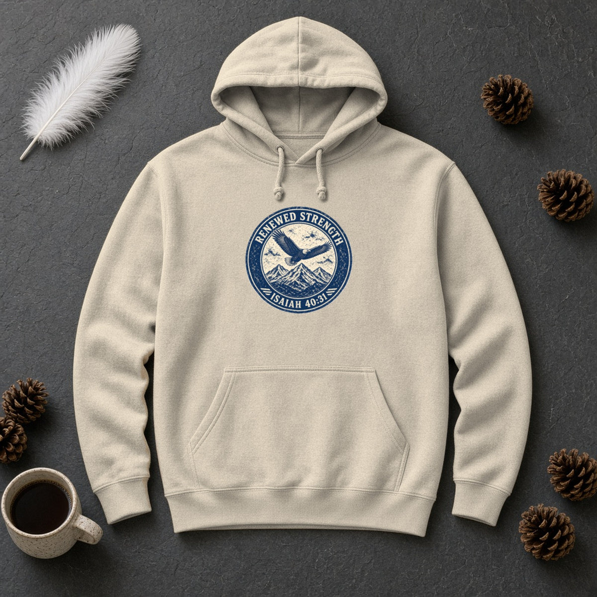 Renew Your Strength Isaiah 40:31 sand hoodie, flat lay