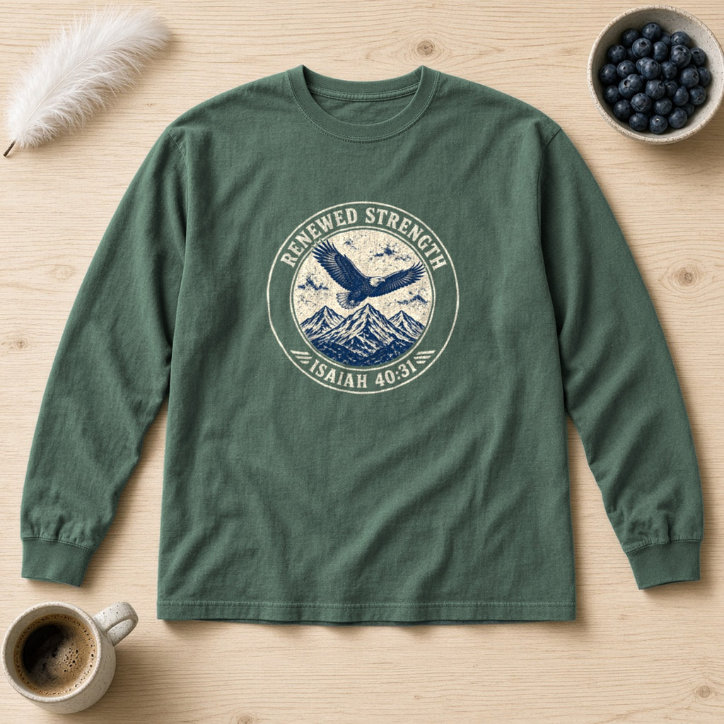 Renew Your Strength Isaiah 40:31 blue spruce long sleeve tee, flat lay