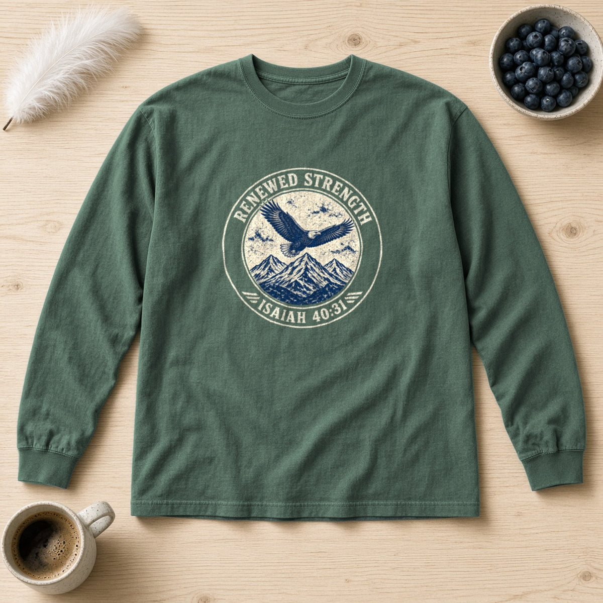 Renew Your Strength Isaiah 40:31 blue spruce long sleeve tee, flat lay