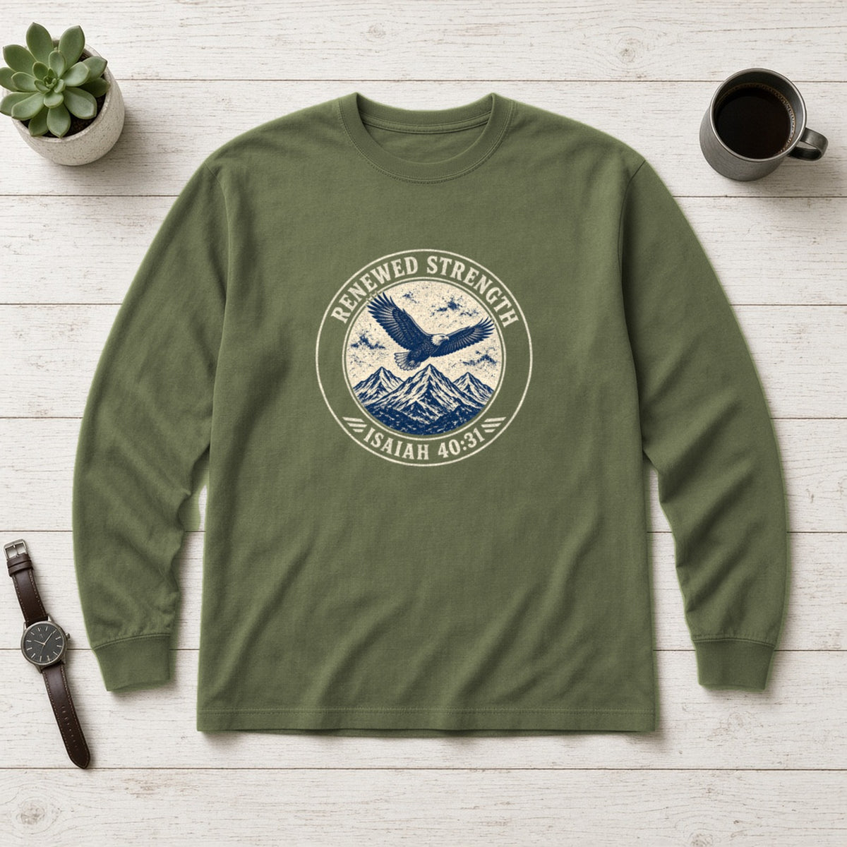 Renew Your Strength Isaiah 40:31 hemp long sleeve tee, flat lay
