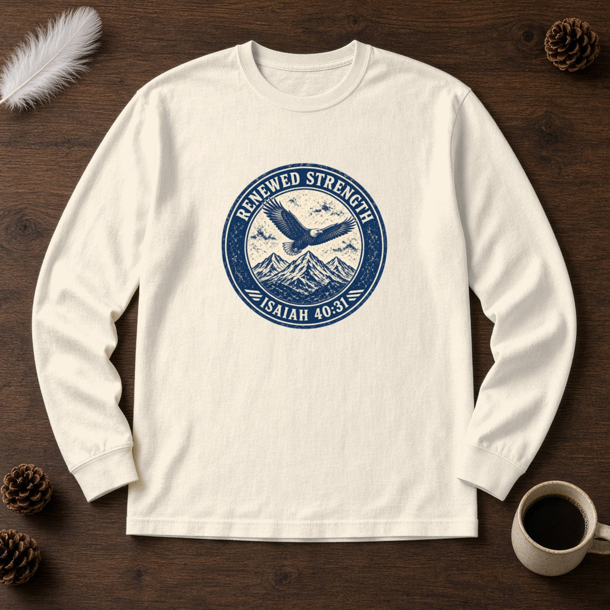 Renew Your Strength Isaiah 40:31 ivory long sleeve tee, flat lay