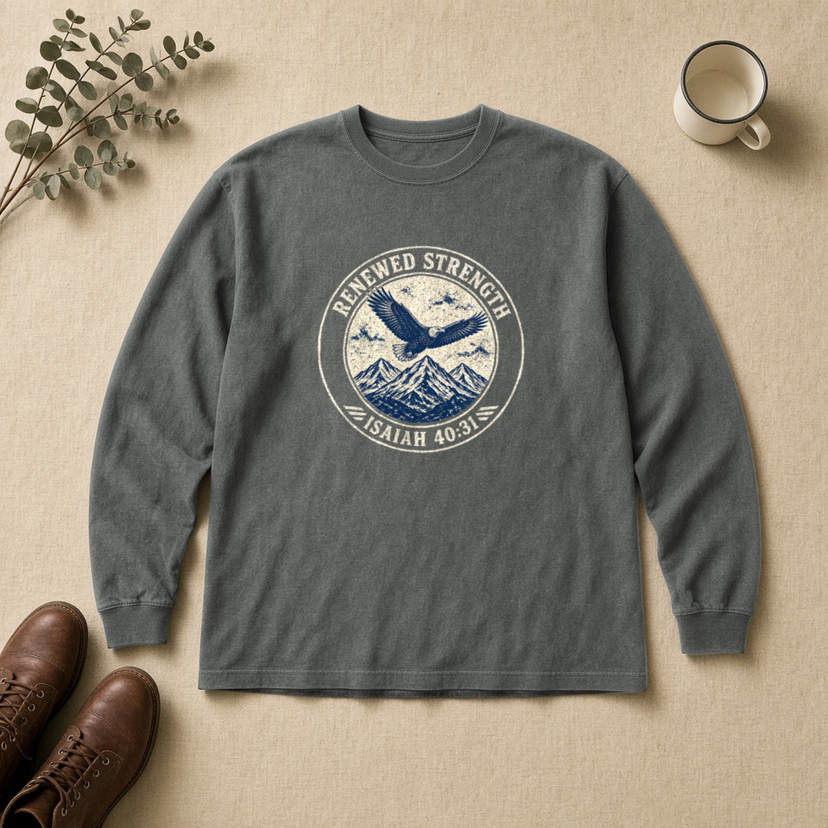 Renew Your Strength Isaiah 40:31 pepper long sleeve tee, flat lay