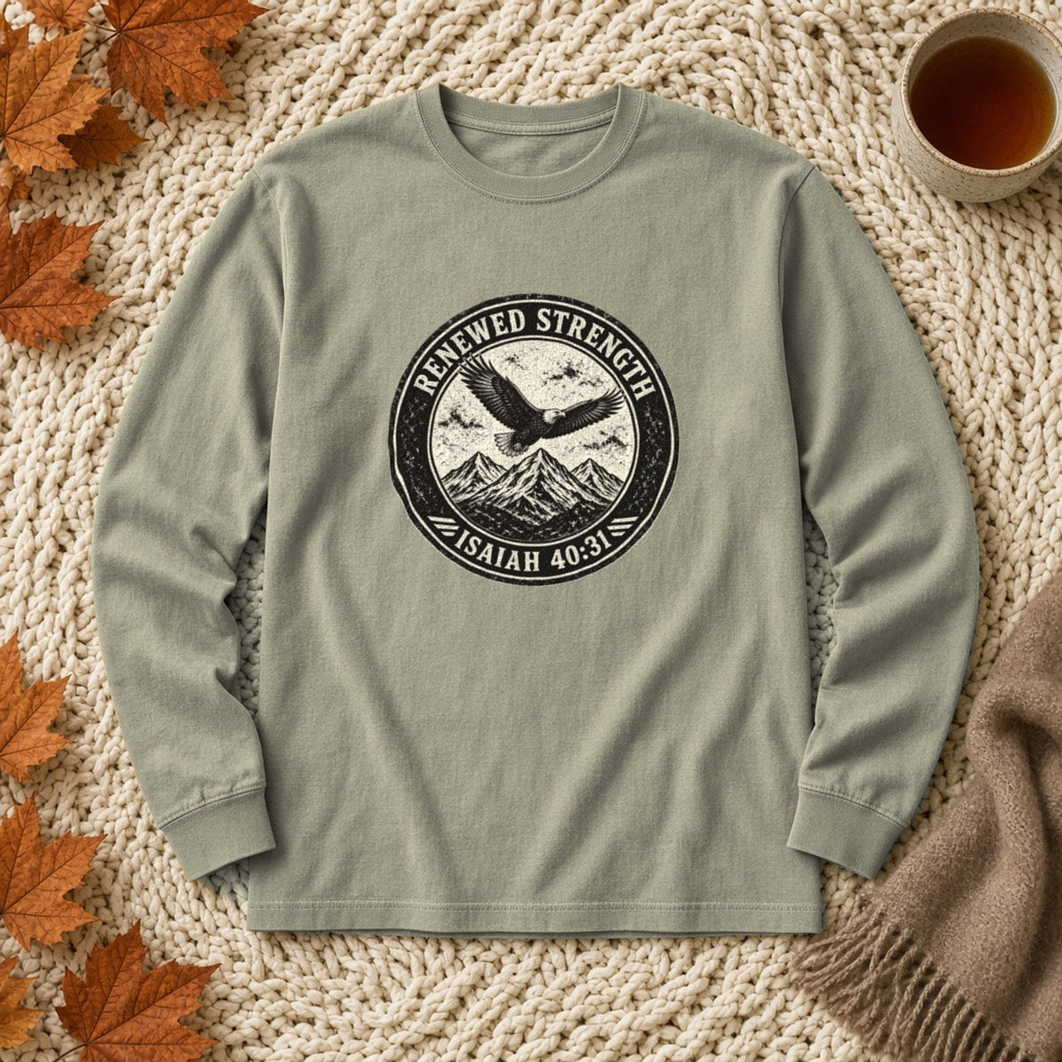 Renew Your Strength Isaiah 40:31 sandstone long sleeve tee, flat lay