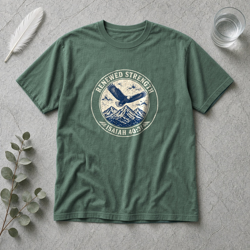Renew Your Strength Isaiah 40:31 blue spruce tee, flat lay