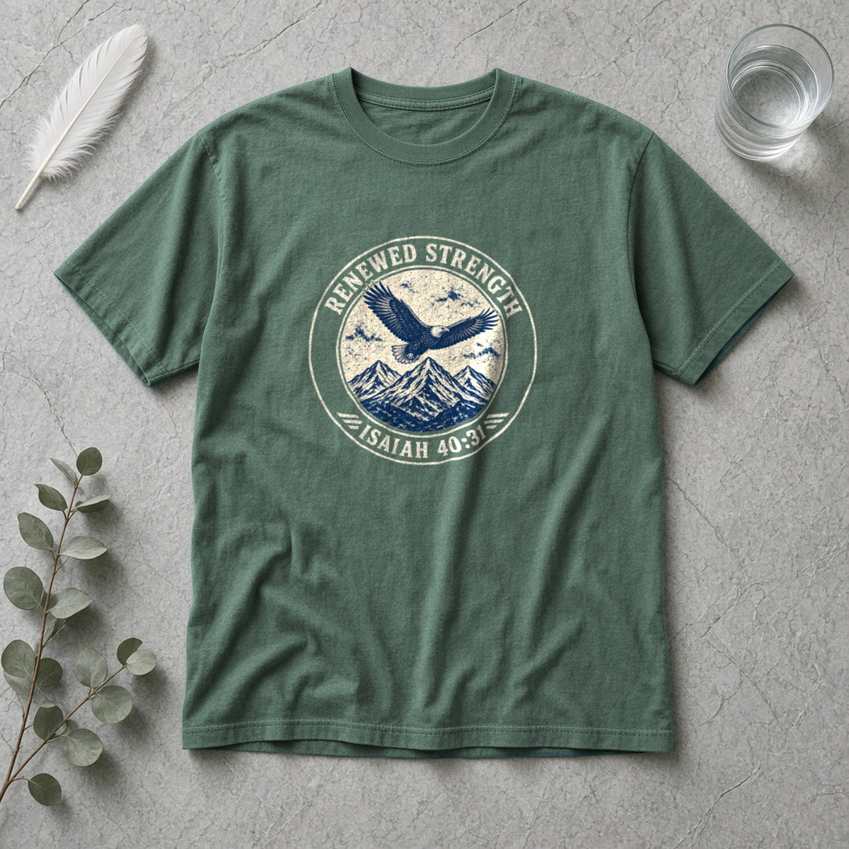 Renew Your Strength Isaiah 40:31 blue spruce tee, flat lay
