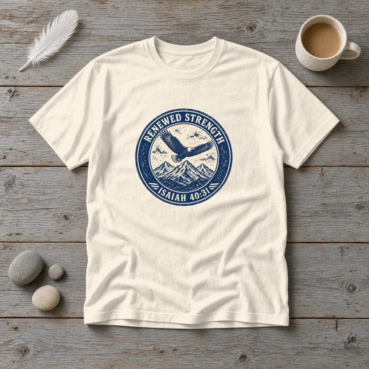 Renew Your Strength Isaiah 40:31 ivory tee, flat lay