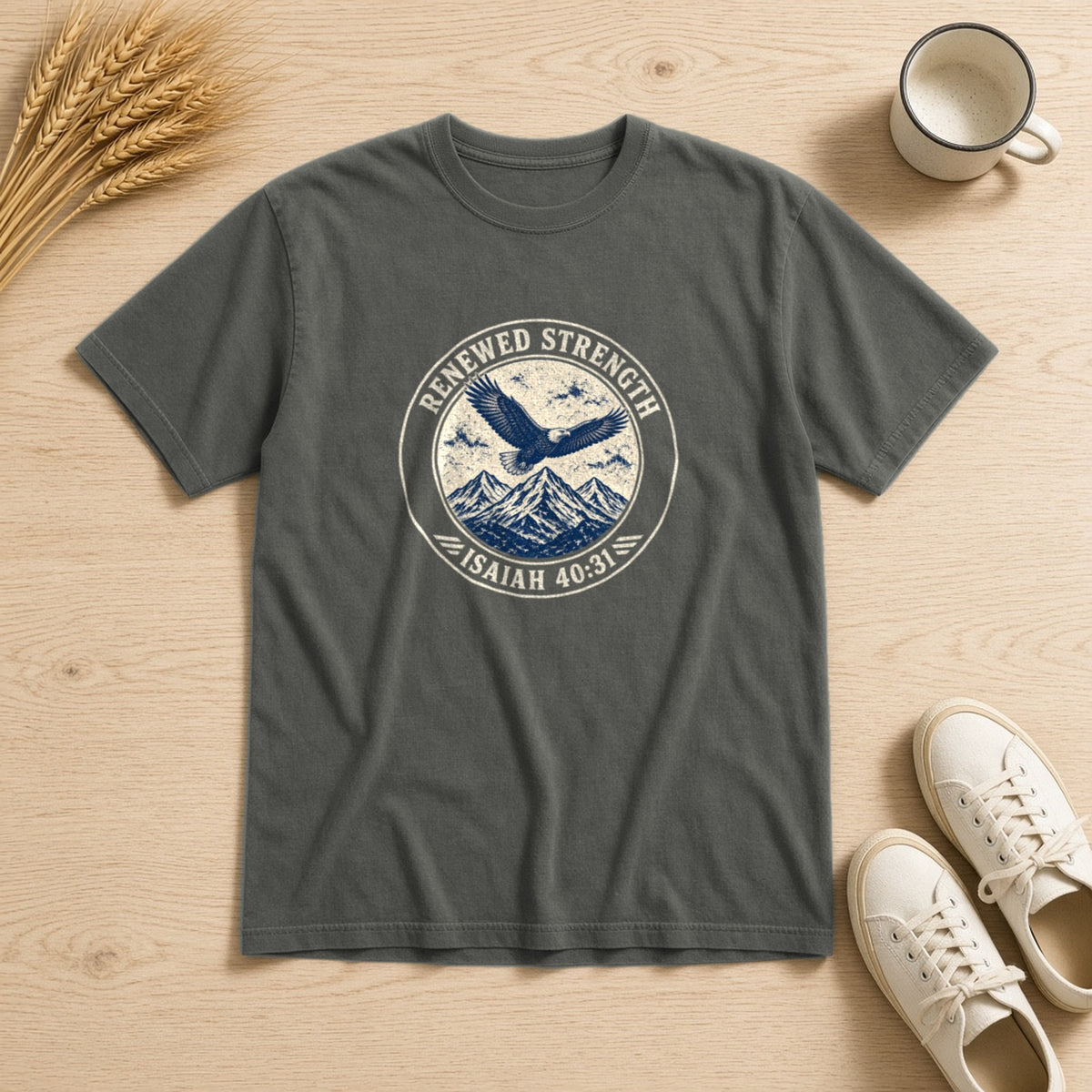 Renew Your Strength Isaiah 40:31 pepper tee, flat lay
