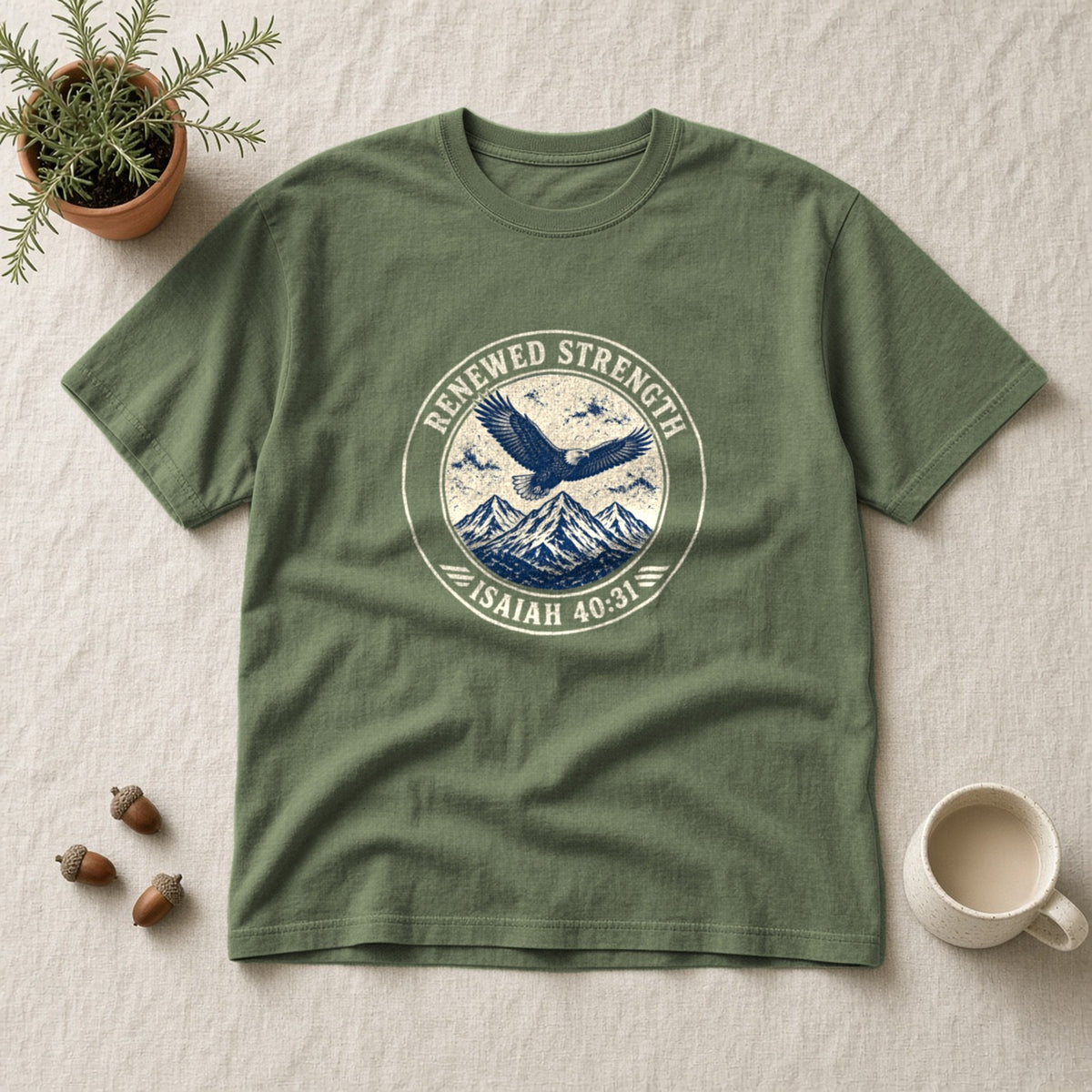 Renew Your Strength Isaiah 40:31 sage tee, flat lay