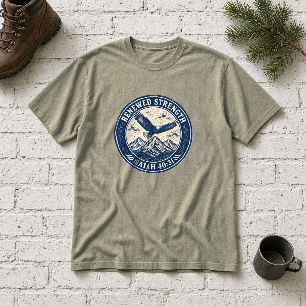 Renew Your Strength Isaiah 40:31 sandstone tee, flat lay