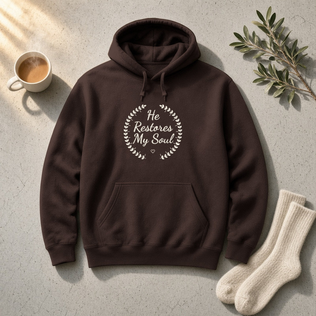 He Restores My Soul Psalm 23:3 dark chocolate hoodie, flat lay