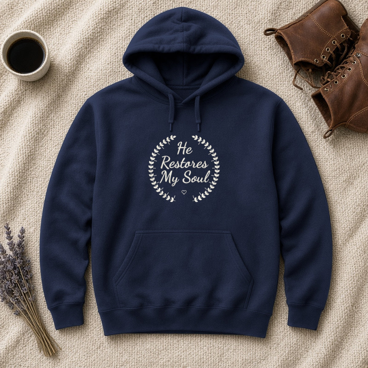 He Restores My Soul Psalm 23:3 navy hoodie, flat lay
