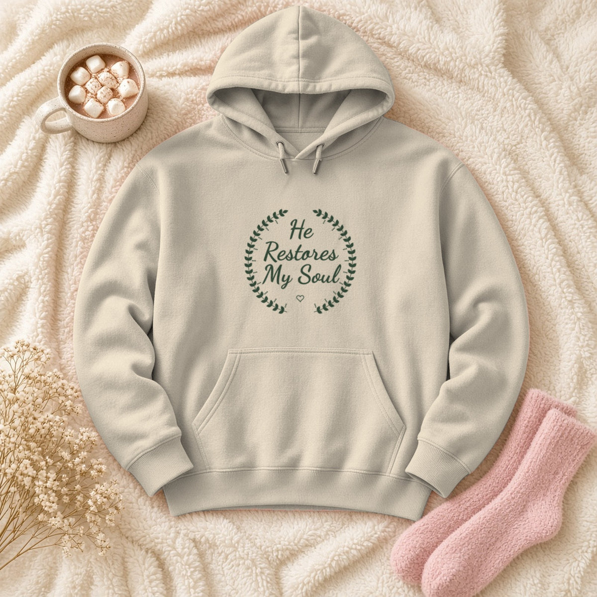 He Restores My Soul Psalm 23:3 sand hoodie, flat lay